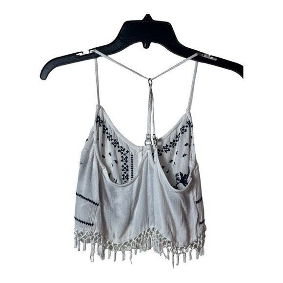 0596. HOLLISTER FRINGE CROP TOP‎ SIZE MEDIUM WHITE/NAVY BLUE EMBROIDERED - Picture 5 of 7